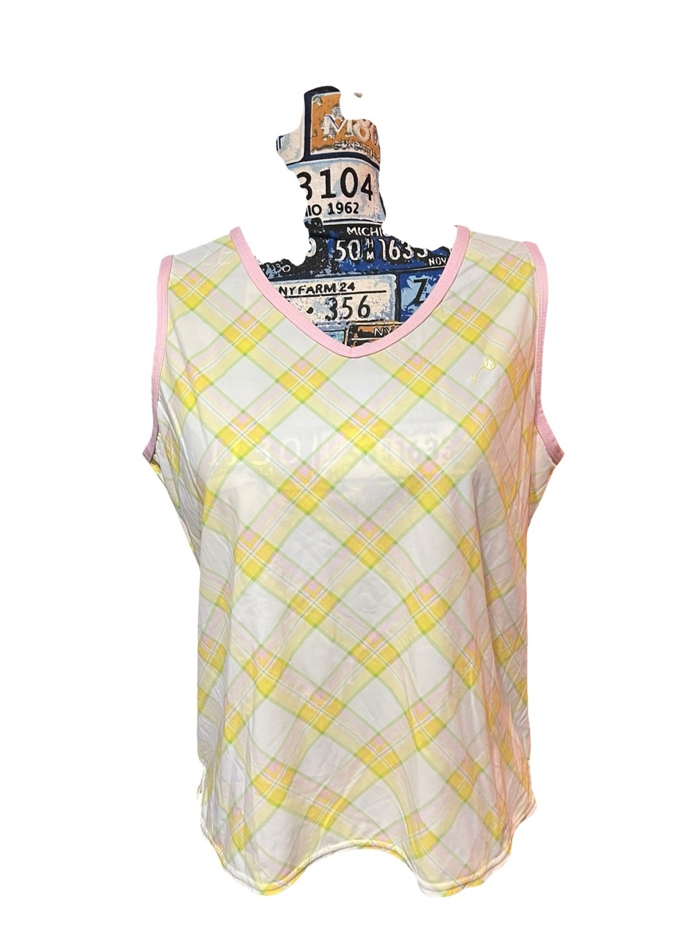 Vintage Sugar N Slice Pastel Yellow Pink Green Sleeveless Sheer Golf Tank Sz L